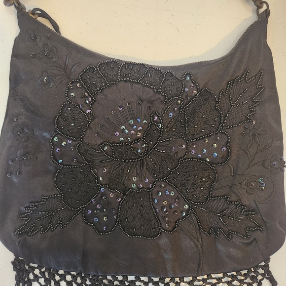 Y2K Vintage Black Beaded Fringe Sequin Evening Bag Mini Purse Party Flapper - Picture 2 of 11